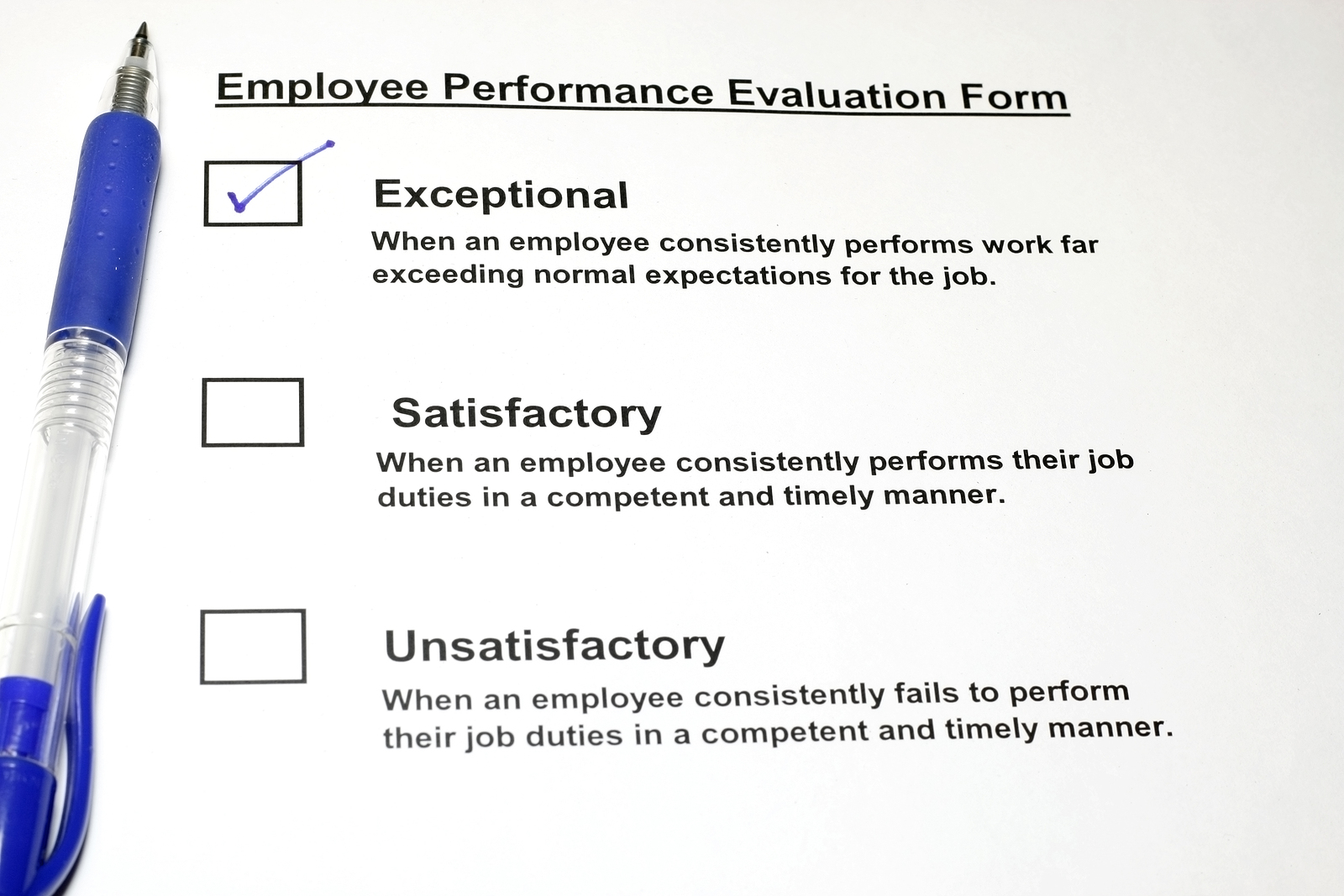 Performance Management: an employee evaluation form.